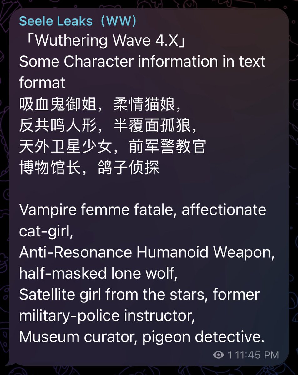 tysonmeoww's tweet photo. #WUWALEAKS ⚠️

8 NEW FED CHARACTERS DESCRIPTIONS !!

-Vampire femme fatale
-Affectionate cat girl
-Anti-resonance humanoid weapon (?!)
-Half-masked lone wolf
-Satellite girl from the stars 
-Former military-police instructor
-Museum curator
-Pigeon detective (playable D when?) https://t.co/e2ua3gNW1S
