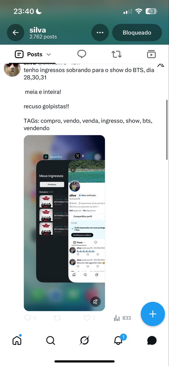 sillyyy_be's tweet photo. ⚠️‼️ NÃO CONFIEM, é GOLPE!

minha irmã mandou mensagem, ele enviou tudo certinho mas bloqueou depois.

não confiem em todo mundo da internet amores @/silvasx76

cuidado nessa época gente, tem mt golpe.

tags: vendo ingresso bts / procuro ingresso bts / golpe ingresso bts/ bts https://t.co/49ZgJtd403