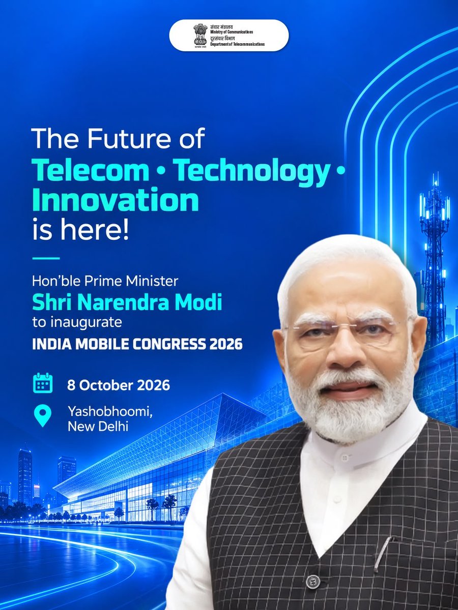 LabourMinistry's tweet photo. India Mobile Congress 2026 is bringing together the telecom and technology ecosystem on one platform. From emerging technologies to new-age innovations, IMC 2026 will highlight India’s growing capabilities.

#IMC2026 #IndiaMobileCongress #DoT #DigitalIndia #Telecom #MoLE https://t.co/gBX96taafT