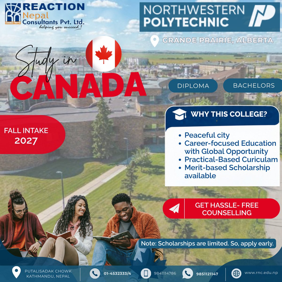 ReactionNepal's tweet photo. Study in Canada at Northwestern Polytechnic in Grande Prairie, Alberta 📷

#StudyInCanada #Canada2027 #NorthwesternPolytechnic #Alberta #GrandePrairie #StudyInAlberta #CanadaEducation #InternationalStudents #NepalStudents #StudyInCanadaFromNepal #ReactionNepalConsultants https://t.co/LJSzGaJcxk