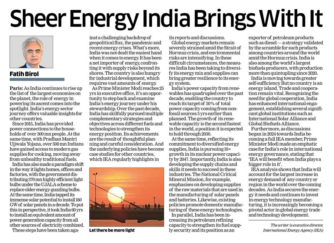 HardeepSPuri's tweet photo. India’s energy diplomacy, under the leadership of PM Sh @narendramodi Ji, continues to resonate globally as we secure supplies, diversify our energy basket and ensure affordable, sustainable energy despite geopolitical crises.
In this piece in @EconomicTimes, Executive Director of @IEA HE Fatih Birol writes how India’s energy journey has strengthened our resilience; from #PMUjjwala and clean cooking fuel to our expanding world-class refining capacity.
With India set to drive nearly 25% of global energy demand growth over the next two decades, green fuels, biofuels and renewables will be central to powering our growth. 
A must read…

@PMOIndia 
@fbirol @PetroleumMin @PIB_India @IndiaEnergyWeek