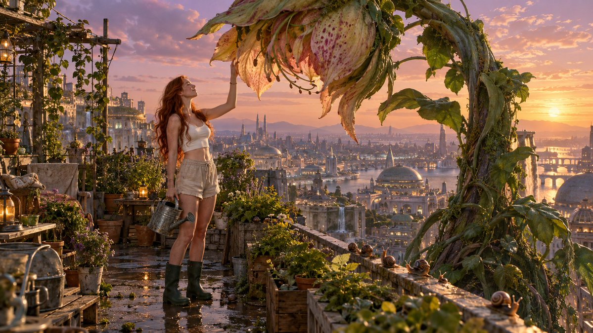 Splinter737's tweet photo. Golden light spills across a solarpunk skyline as she tends her rooftop Eden, a gardener touching the heart of a colossal bloom. “Rooftop Garden Odyssey” captures the quiet triumph of nature reclaiming the future, one petal at a time.
#FantasyArt #Solarpunk #EpicScene https://t.co/pKmJkwSPzc
