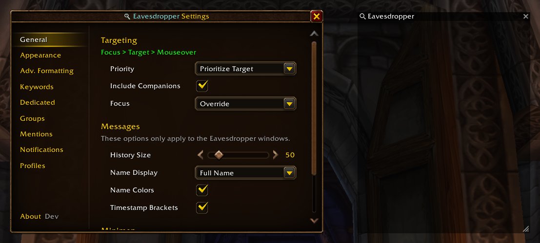 Raenore's tweet photo. Preview post for Eavesdropper 🔍 0.7.0!

- Forever support (+ Theme!)
- First and last name tag support.
- Show full name on title bar.
- Mentions window remembers open between restart/reloads.

#worldofwarcraft #wowrp #warcraft #roleplaying #programming #addons #wowf #wowforever https://t.co/3eY0Bfs2eS