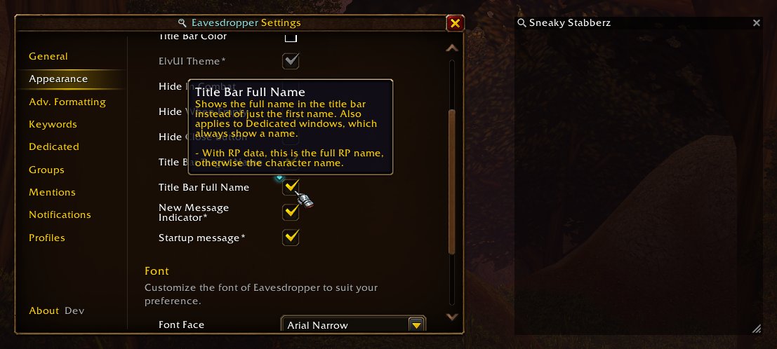 Raenore's tweet photo. Preview post for Eavesdropper 🔍 0.7.0!

- Forever support (+ Theme!)
- First and last name tag support.
- Show full name on title bar.
- Mentions window remembers open between restart/reloads.

#worldofwarcraft #wowrp #warcraft #roleplaying #programming #addons #wowf #wowforever https://t.co/3eY0Bfs2eS