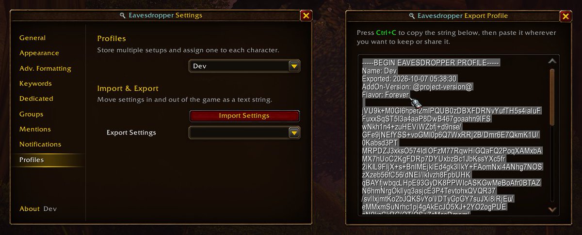 Raenore's tweet photo. Preview post for Eavesdropper 🔍 0.7.0!

- Forever support (+ Theme!)
- First and last name tag support.
- Show full name on title bar.
- Mentions window remembers open between restart/reloads.

#worldofwarcraft #wowrp #warcraft #roleplaying #programming #addons #wowf #wowforever https://t.co/3eY0Bfs2eS