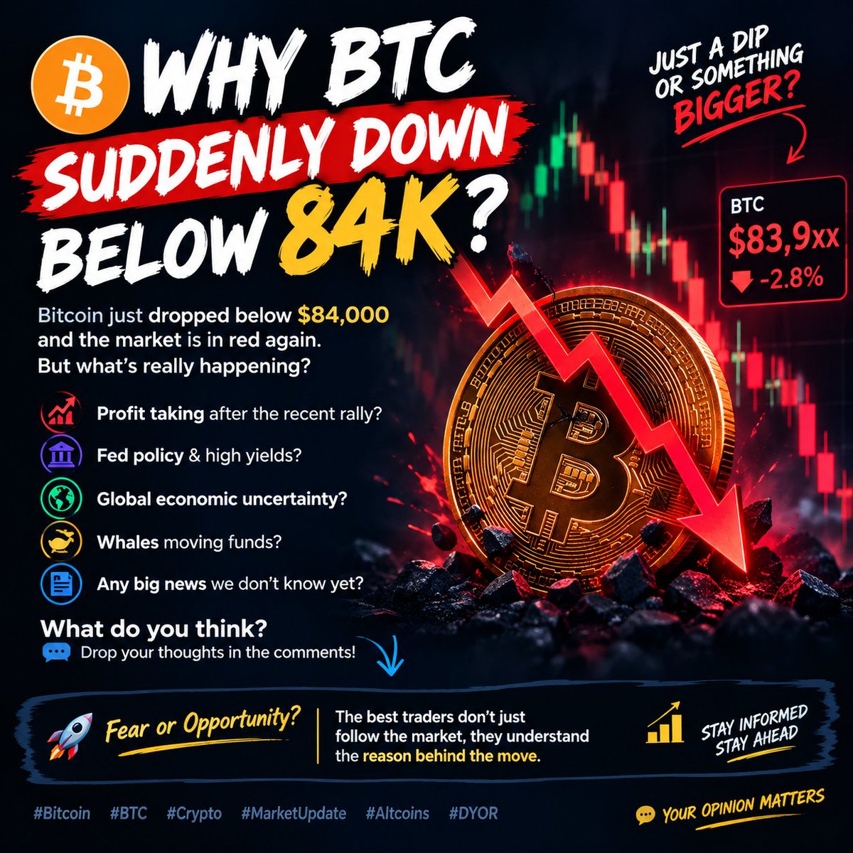 TheCryptoWeb3's tweet photo. BTC JUST DROPPED BELOW $84K! 

Is this just a healthy correction… or the beginning of a bigger move? 👀

I think it another opportunity to buy and Hold. The market will recover soon..

What’s your prediction for BTC next? 👇
#BTC #Crypto  #Web3 
@safiyyaaliyu86 @Sadiqtech_ https://t.co/7q5khgm1tY