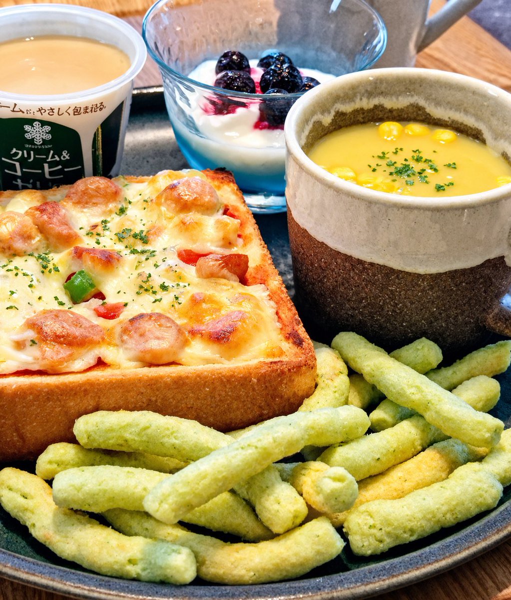 x69chanpon's tweet photo. 🌿キッチンから〜ブランチ

セブンプレミアム
🍞食パン4枚切り

🔥ウインナ
🥔ポテト
🧅玉ねぎの🍕ピザトースト

🫛さやいんげんのスナック

🌽コーンポタージュスープ

DANONe BIO
プレーンヨーグルト
🫐ブルーベリー載せ

無印良品
☕ダークテイストコーヒー

雪印
クリーム＆コーヒーゼリー https://t.co/JowUZy2bpz