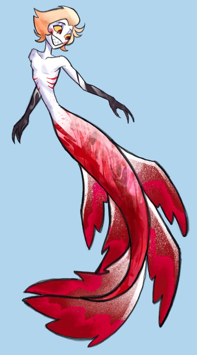 Lightning_42_'s tweet photo. @zahrarah.bsky.social made a post about lu as a mer in the Halloween merch and it’s been plaguing my mind since (im a slut for mer/pirate aus (pls give 📻🍎 fic recs))

ANYWAYS. this was kinda rushed but I needed a drawing for day 10 🥹

#hazbinhotel #lucifermorningstar https://t.co/L0VHAdUrsi