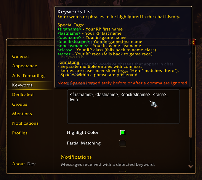Raenore's tweet photo. Preview post for Eavesdropper 🔍 0.7.0!

- Forever support (+ Theme!)
- First and last name tag support.
- Show full name on title bar.
- Mentions window remembers open between restart/reloads.

#worldofwarcraft #wowrp #warcraft #roleplaying #programming #addons #wowf #wowforever https://t.co/3eY0Bfs2eS