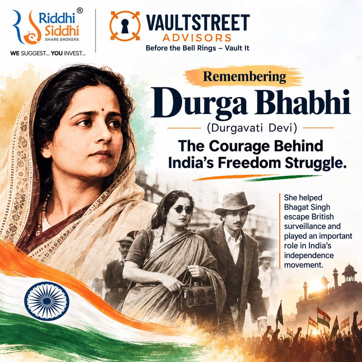 vault_street's tweet photo. Remembering Durga Bhabhi (Durgavati Devi) — a fearless revolutionary who helped Bhagat Singh evade British surveillance and played a remarkable role in India’s freedom struggle🇮🇳

A salute from RSSB &amp; VaultStreet Advisors

#DurgaBhabhi #IndianFreedomStruggle #BhagatSingh #India https://t.co/15uY5P3EW3
