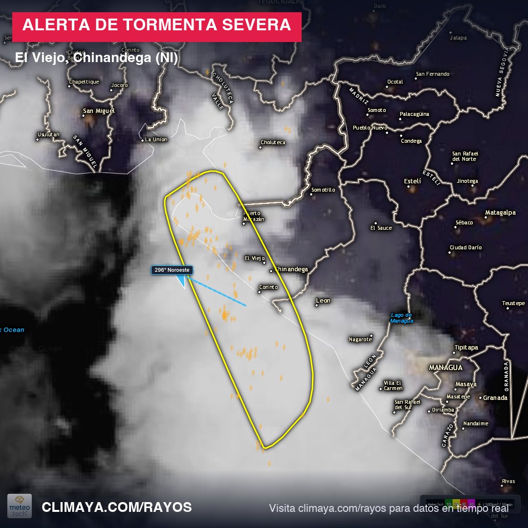 climaya's tweet photo. Una tormenta severa descargó 882 rayos sobre El Viejo, Chinandega (Nicaragua), con 47 descargas por km². Si estás por la zona, guarda lo que esté a la intemperie y evita espacios abiertos mientras pasa. #climaNI https://t.co/jSRcaxXliC