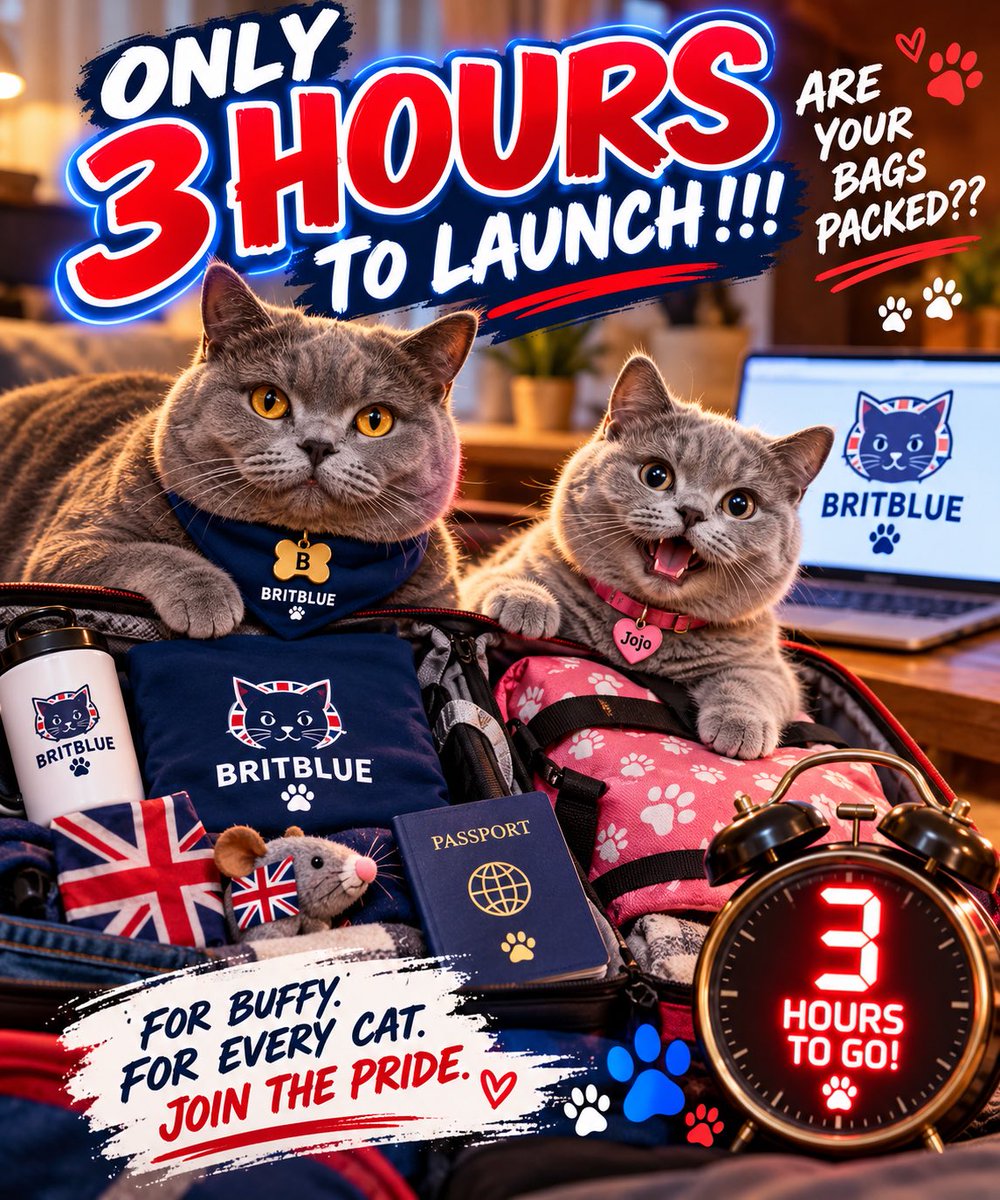 BritBluecoin's tweet photo. 🚨 ONLY 3 HOURS TO GO! 🚨

ARE YOUR BAGS PACKED?! 🧳🐱💙

🇬🇧 BritBlue launches TONIGHT
⏰ 8PM NZ time
🚀 https://t.co/vhgttlKvKB

For Buffy. For every cat. 🐾

The Pride is ready. Are you? 🔥

💙 JOIN THE PRIDE 💙

#BritBlue #Cats #Crypto https://t.co/WuNjYzCW23