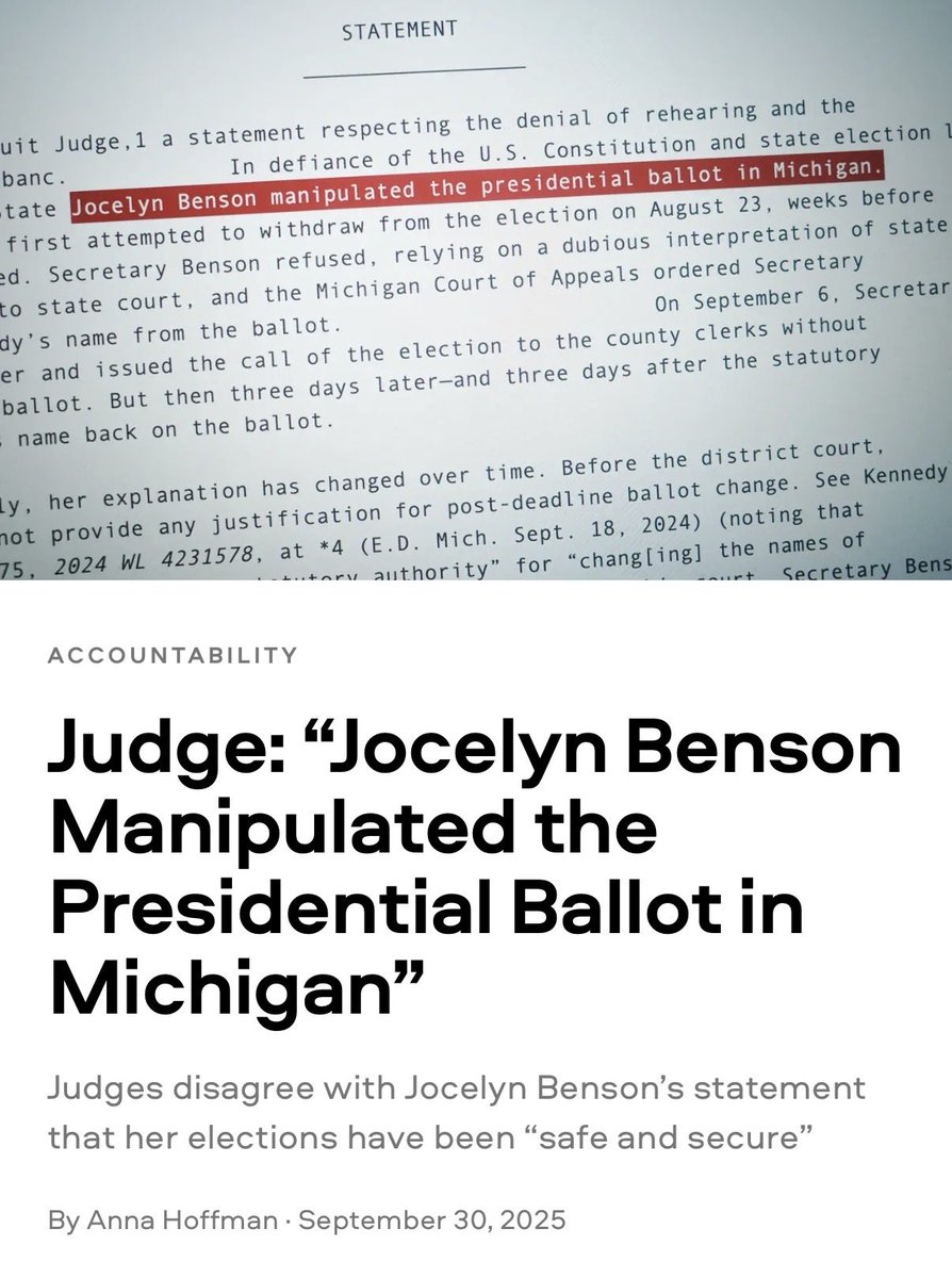 downi75's tweet photo. Anna Hoffman’s Revenge @shoesonplease 

Jocelyn Benson “manipulated the presidential ballot” in 2024 https://t.co/vVWKL5xdzj