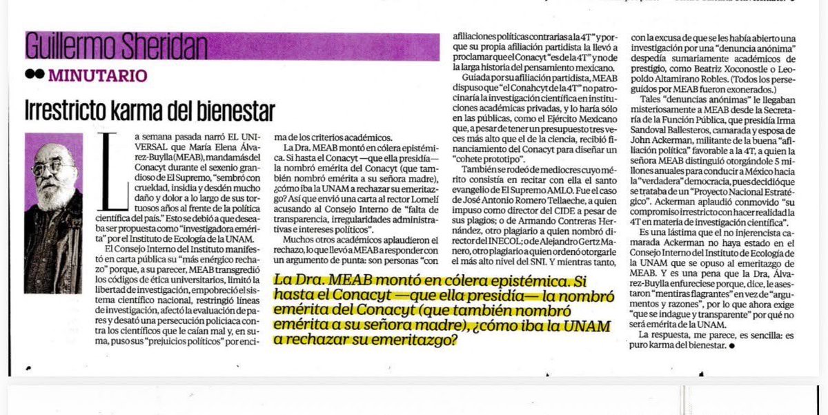 GmoSheridan's tweet photo. Escribí “Karma del bienestar”, sobre cómo a la directora Álvarez-Buylla le negaron acceso al emeritazgo en la UNAM y montó en cólera epistémica: https://t.co/JwwlgFxTIY