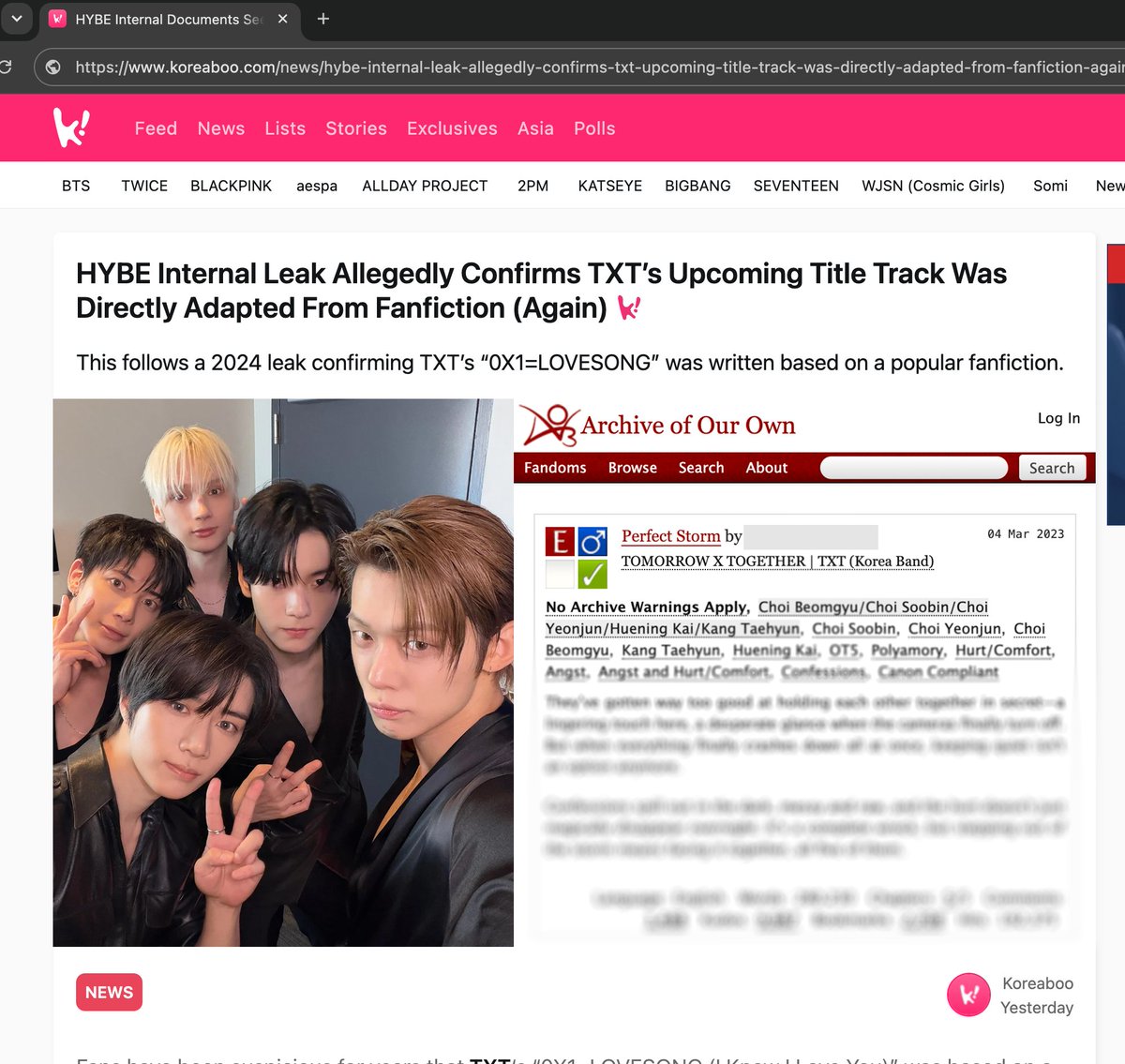 kamalfromtxt's tweet photo. "HYBE Internal Leak Allegedly Confirms TXT's Upcoming Title Track Was Directly Adapted From Fanfiction (Again)" 😭😭😭

...atp idk whether to be mad at hybe for plagiarism or laugh at the need to say "(again)" 💔
https://t.co/t5fxwBrrf6 https://t.co/zZVbhEU2KB