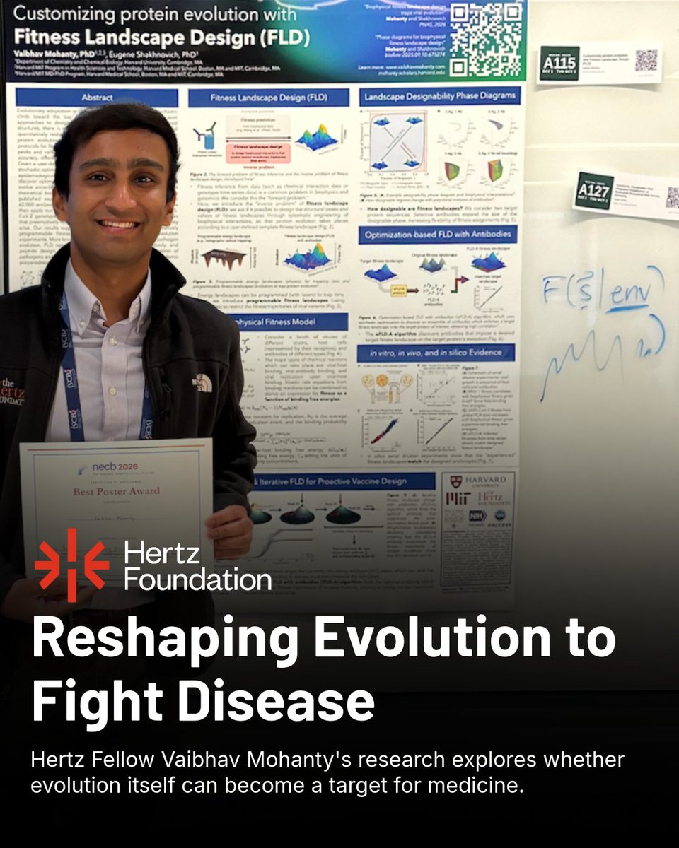 HertzFoundation's tweet photo. Congratulations to Hertz Fellow Vaibhav Mohanty on another exciting milestone for his work on Fitness Landscape Design. 🏆

This past week, @mohantymusic  received a Best Poster Award at the inaugural New England Computational Biology Conference, a partner conference of the International Society for Computational Biology hosted at Microsoft Research.

The award comes just a month after the research was published in PNAS. Fitness Landscape Design (FLD)—an idea Mohanty first pitched during his Hertz Fellowship interview—brings together physics, chemistry, and biology to identify antibodies that could reshape how a virus evolves and limit potentially harmful evolutionary paths.

Join us in congratulating Vaibhav on his latest recognition! 👏 Read more about his research: https://t.co/9gUcvZ0nMy 

#HertzFellows #Science #Physics #Biology