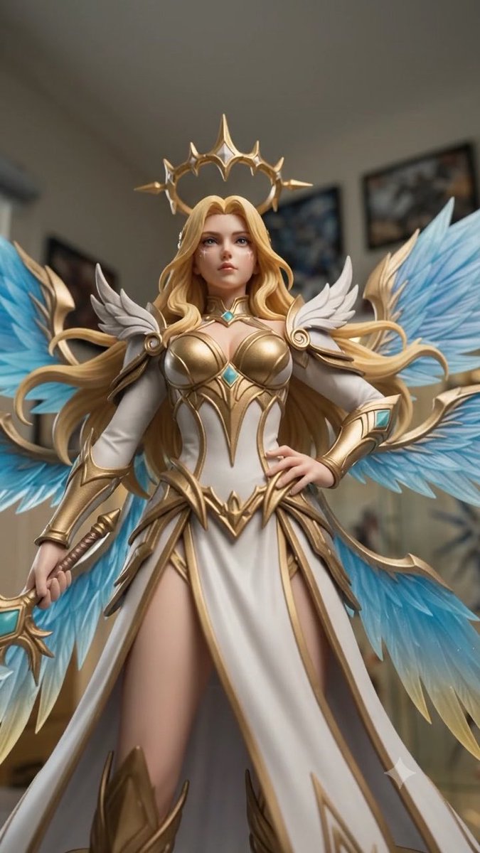 A 3D-rendered figurine of a blonde female angel wearing golden and white armor, a spiked halo, and blue feathered wings, holding a sword in a room.