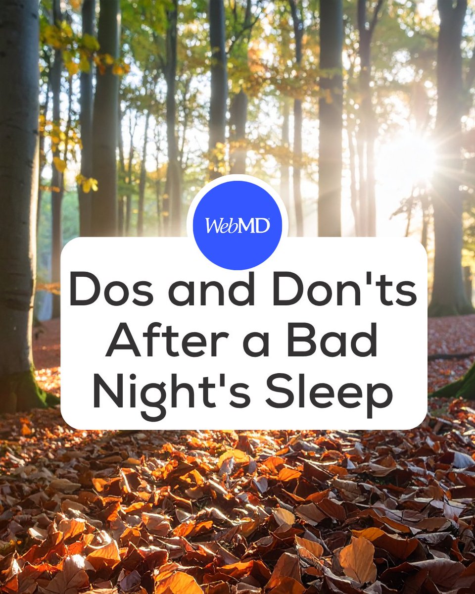 WebMD's tweet photo. You didn’t sleep last night. Now what? Go, get some sun!
It helps your body set its clock. It can also help counter sleeplessness by helping your mood and brain. So if you want to get more sleep tonight than last night, wake up and greet the light of the day. It helps to get out in the middle of the day, too. If you’re in an office, maybe take a little stroll through the park around lunchtime. https://t.co/NEvCkSFBrP