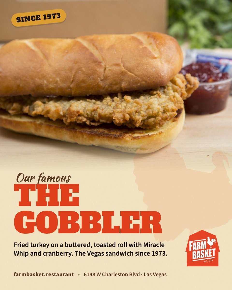 TheFarmBasket's tweet photo. The Gobbler. Fried turkey, Miracle Whip, cranberry, toasted roll. The Vegas sandwich since 1973. #FarmBasket https://t.co/VfpGh1azrU