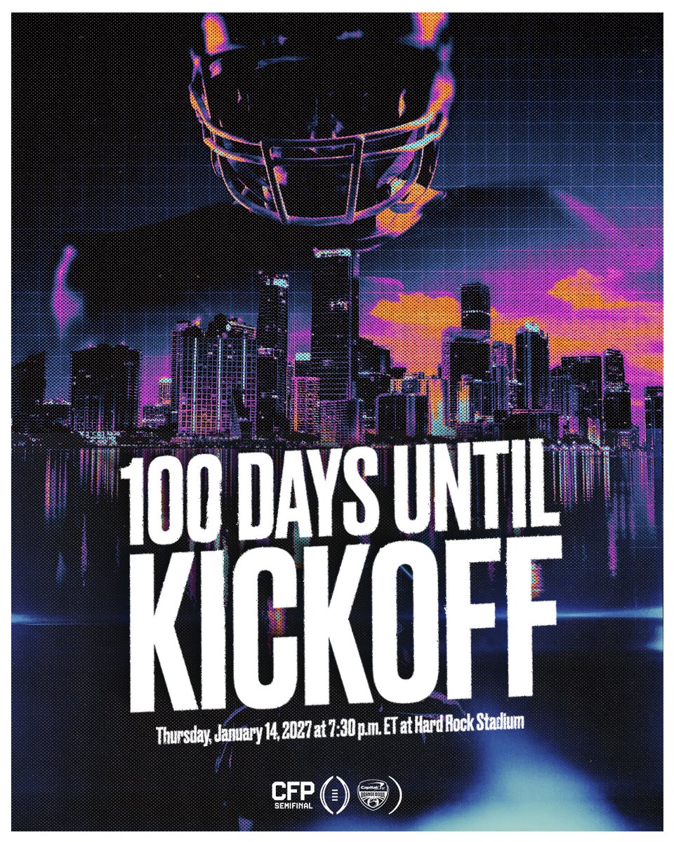 OrangeBowl's tweet photo. 100 days until kickoff. ๐
Weโll see you Jan. 14 at @HardRockStadium.
#CapitalOneOrangeBowl | #CFP https://t.co/IlndTrnpno