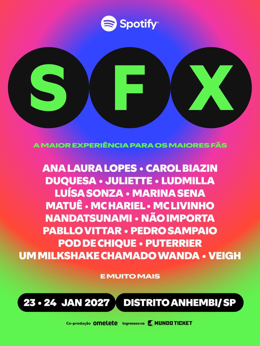 SpotifyBrasil's tweet photo. 🚨 ATENÇÃO, SUPER FÃS 🚨

Vem aí o Spotify SFX - Superfans Experience:
a maior experiência para os maiores fãs. 💚  
📍 São Paulo
📅 23 e 24 de janeiro de 2027  
Quem vem? 👀  

Ingressos à venda em breve na Mundo Ticket. https://t.co/TI7plQVuNy