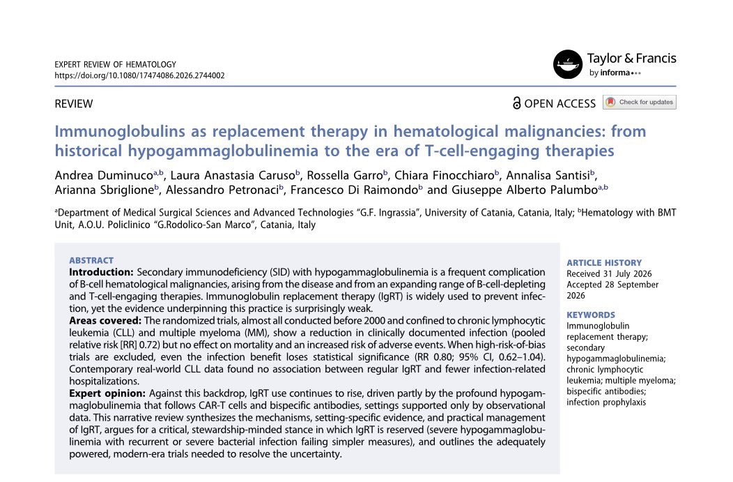 TakaMatsuo_ID's tweet photo. 【Immunoglobulin replacement in heme malignancies】Expert Rev Hematol, 2026 Oct
👉 Great narrative review
👉 Old RCTs: fewer infections (RR 0.72), no mortality effect
👉 Use IgRT selectively
https://t.co/HmCn8pEv9L
#OncoID #HCTID #IDMedEd #IDFellow #CART https://t.co/aSy1FgKpOj