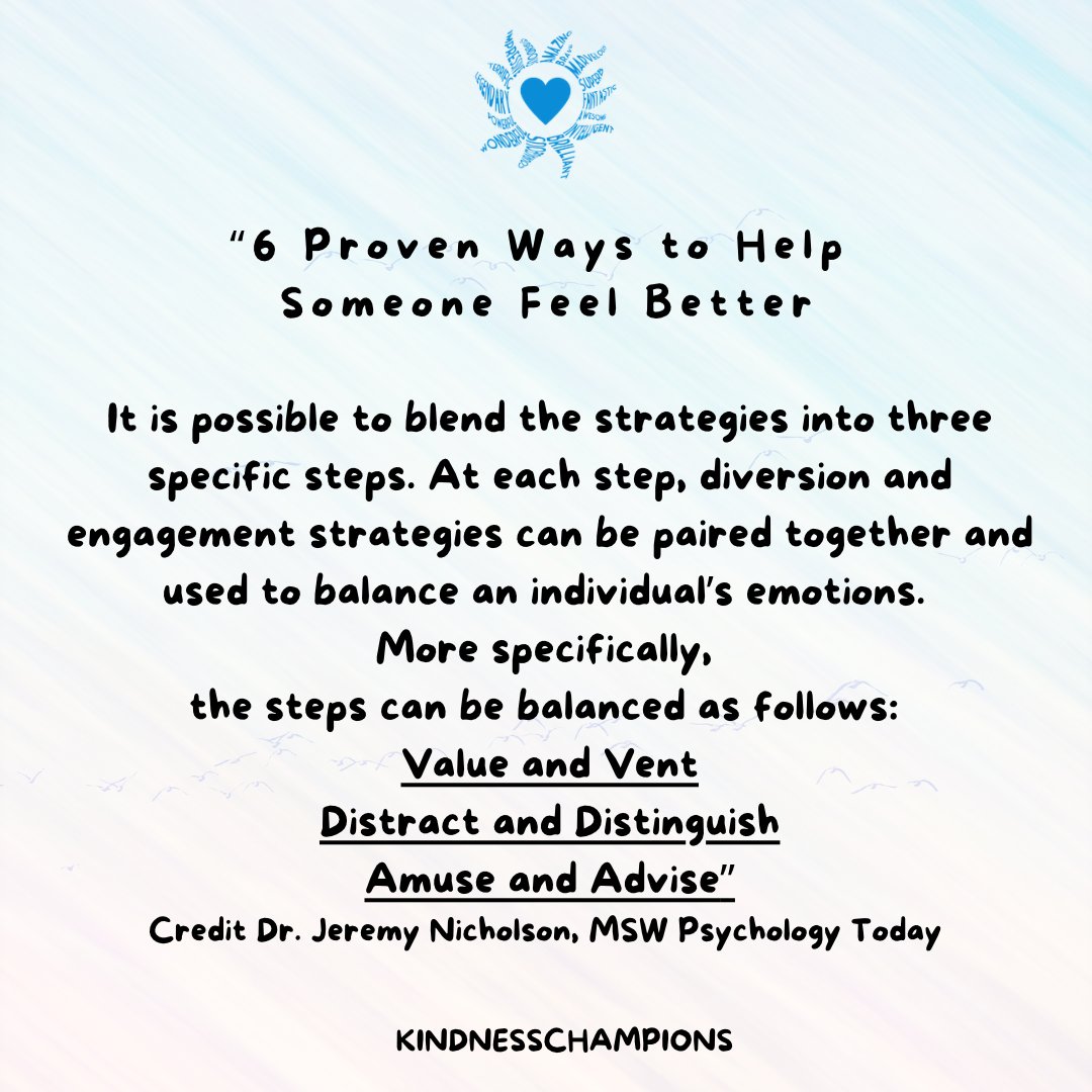KindnessChamps's tweet photo. "Be the reason someone feels welcome, seen, heard, valued, loved, and supported." Unknown
G'Day caring people🥰
When you want to help someone feel better emotionally here are strategies you can use to do so❤️🩹
Credit Dr. Jeremy Nicholson, MSW @PsychToday😊
#bethe1to❤️ https://t.co/LS2b2PZC7S