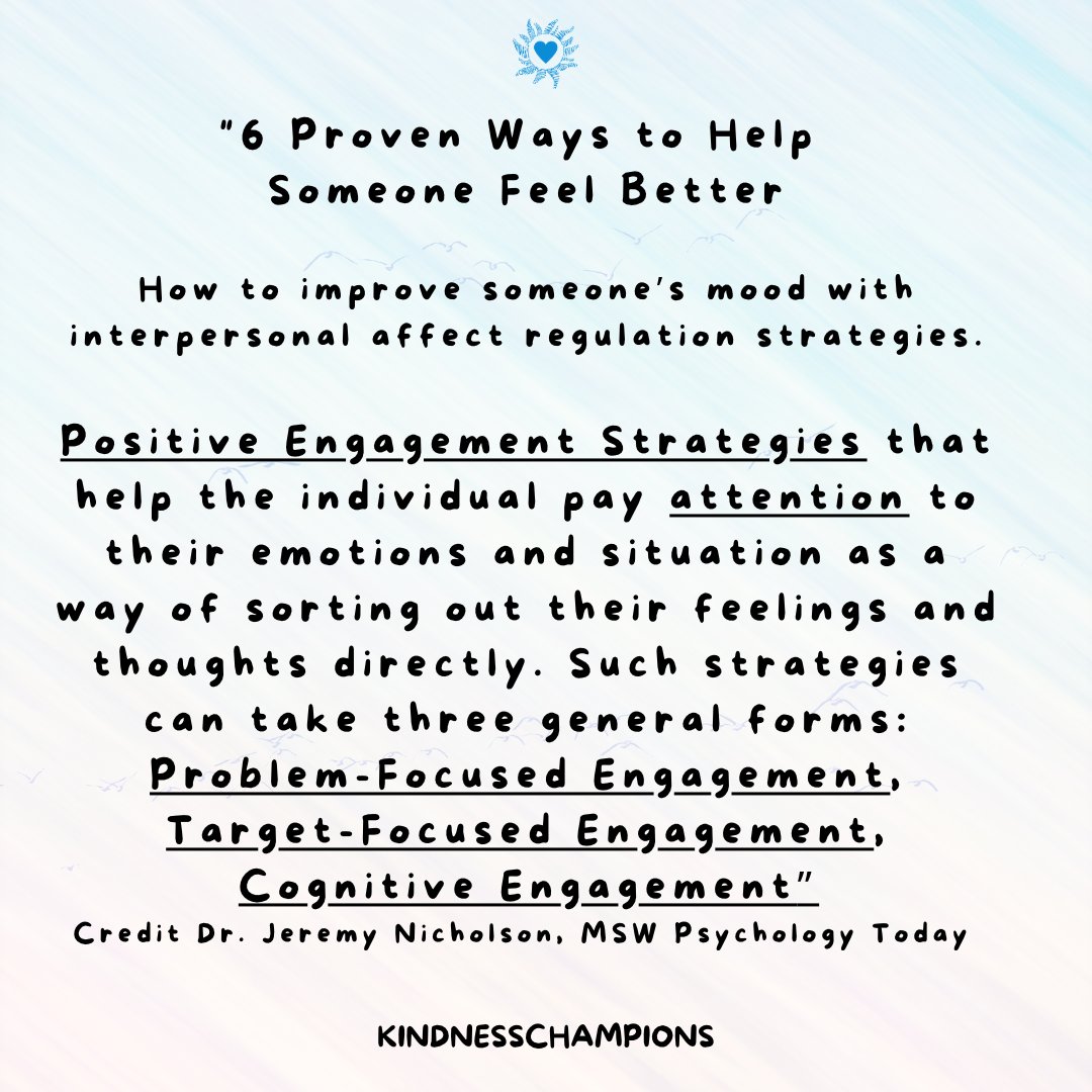 KindnessChamps's tweet photo. "Be the reason someone feels welcome, seen, heard, valued, loved, and supported." Unknown
G'Day caring people🥰
When you want to help someone feel better emotionally here are strategies you can use to do so❤️🩹
Credit Dr. Jeremy Nicholson, MSW @PsychToday😊
#bethe1to❤️ https://t.co/LS2b2PZC7S
