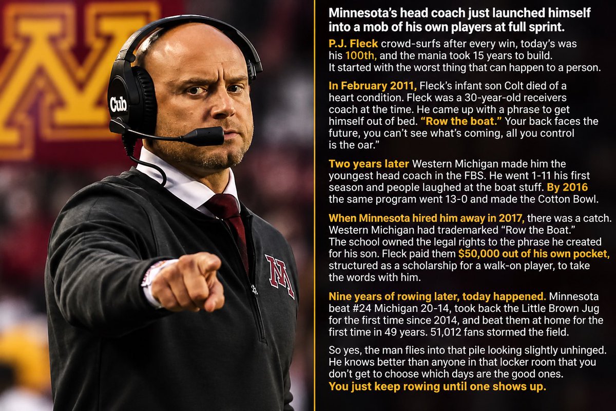 ramoneconley's tweet photo. I used to think P.J. Fleck was a little crazy with the whole “Row the Boat” thing.

After hearing the story behind it, I get it completely.

Respect, Coach Fleck. You gained a fan today.

ROW THE BOAT. 🚣‍♂️ https://t.co/dRIlN5iwvr