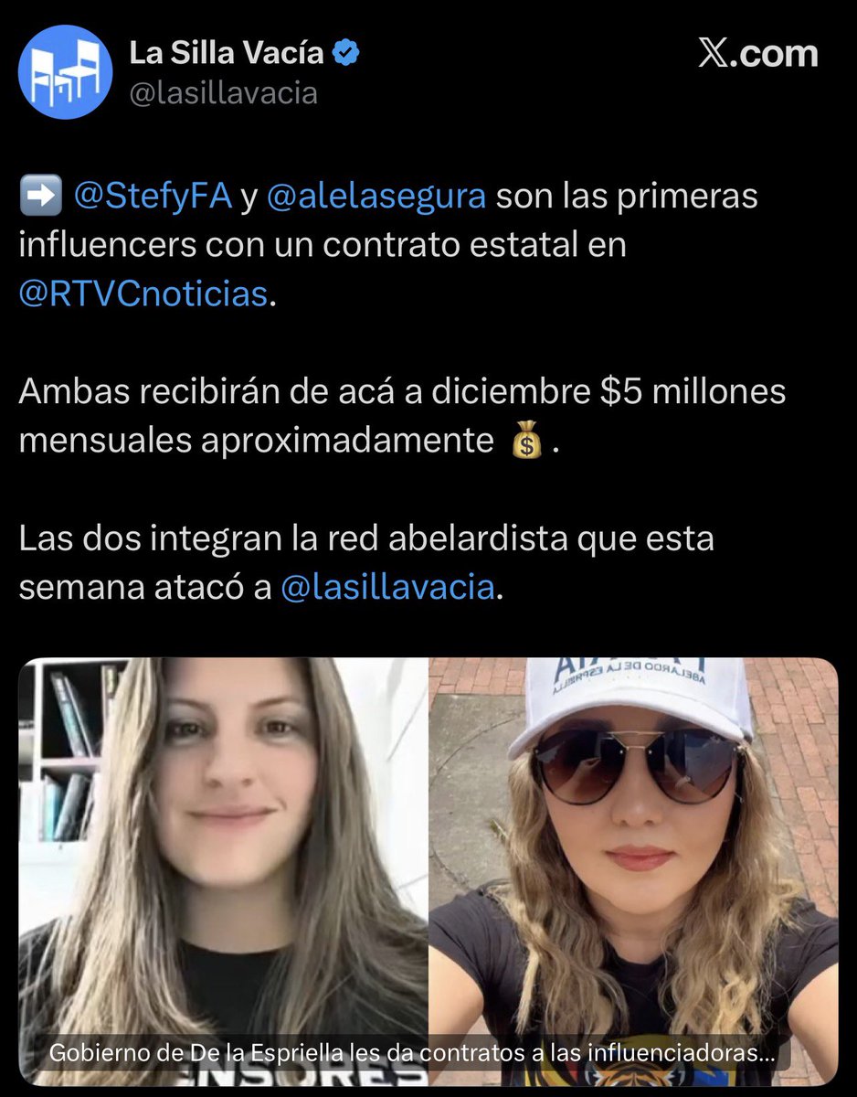 CamiloGHakim_93's tweet photo. ¿Se le dañó el internet a @Danielbricen?
@StefyFA y @alelasegura son las nuevas bodegueras con contratos estatales en RTVC, cada una recibirá de acá a diciembre cerca de 5 millones mensuales.
Los bodegueros milagro. https://t.co/p46PHd5fQv