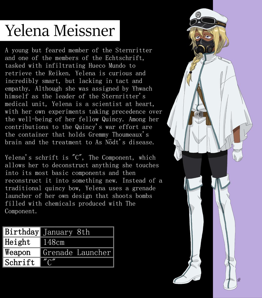 robs_artstuff's tweet photo. The second member of thee Echtschrift, Yelena, is finally here!  

The Shinigami have Mayuri, the Arrancar have Szayelaporro, well... The Quincy have Yelena. Do NOT let her size fool you.

#BLEACH #OCs #OriginalCharacter #BleachOCs https://t.co/MH2LvLMobo