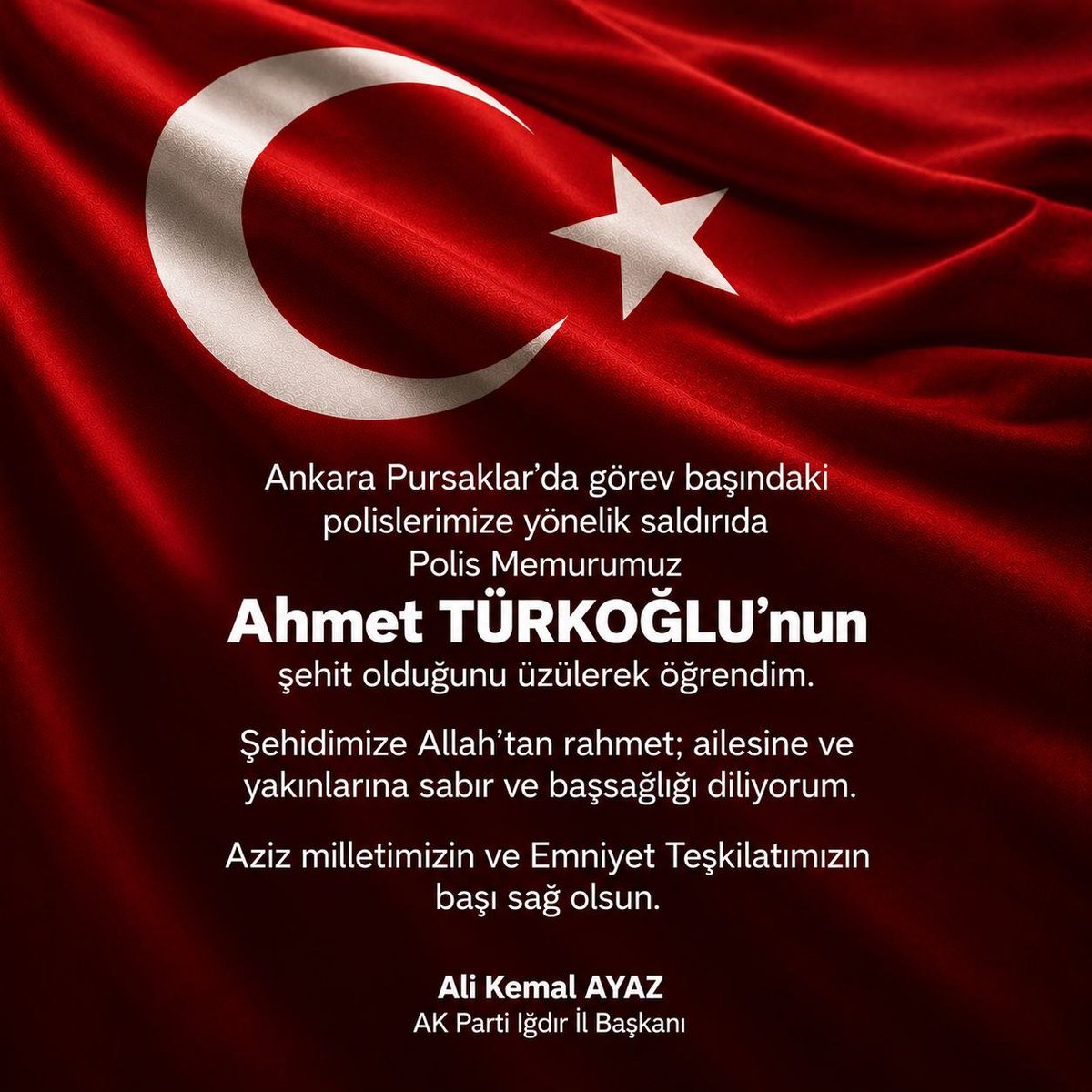 akemalayaz's tweet photo. Ankara Pursaklar’da görev başındaki polislerimize yönelik saldırıda Polis Memurumuz Ahmet Türkoğlu’nun şehit olduğunu üzülerek öğrendim.

Şehidimize Allah’tan rahmet; ailesine ve yakınlarına sabır ve başsağlığı diliyorum.

Aziz milletimizin ve Emniyet Teşkilatımızın başı sağ olsun.
