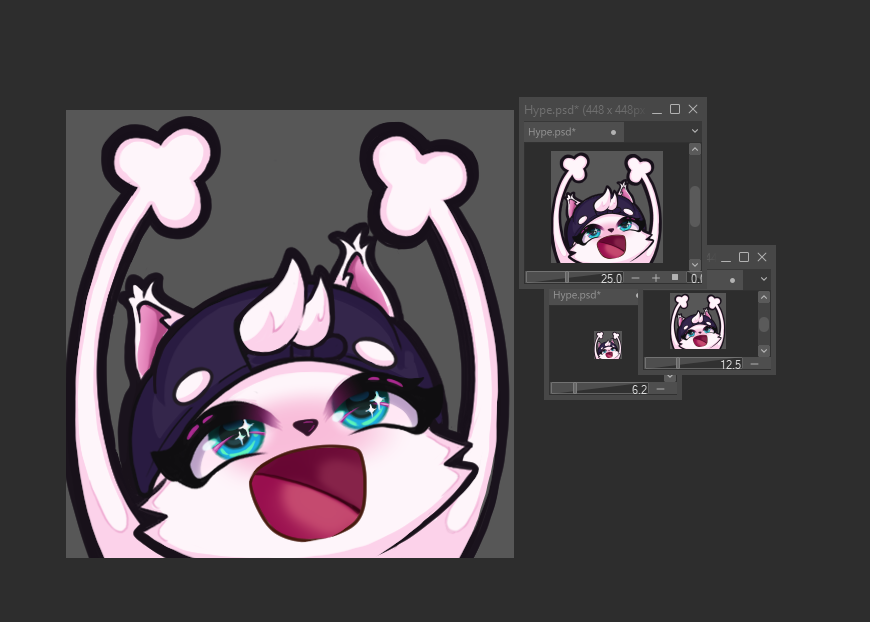 AwkwardKittyInc's tweet photo. @missusmummy Ive been in the emote game for ages and another artist taught me to have all the sizes in side windows so you can watch how it translates through the whole work process. 

Just a tip for any artists who might see this~ :] https://t.co/grG2M7vFV4
