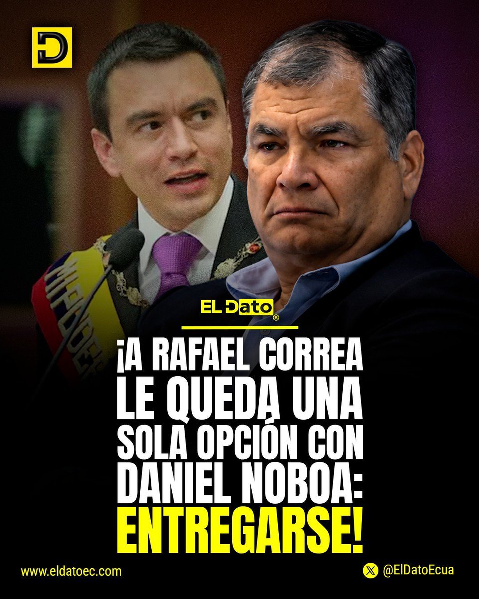 ElDatoNews's tweet photo. #Urgente ¡A RAFAEL CORREA LE QUEDA UNA SOLA OPCIÓN CON DANIEL NOBOA: ENTREGARSE!

Daniel Noboa lidera a Ecuador con una postura firme: quienes hayan cometido delitos y le hayan fallado al país deberán responder ante la justicia, sin privilegios ni excepciones.

Rafael Correa permanece en Bélgica bajo protección de un asilo político que le ha permitido mantenerse fuera de Ecuador y de los procesos judiciales que enfrenta.

Su gobierno dejó una década marcada por escándalos de corrupción, cuestionamientos al manejo de recursos públicos y funcionarios procesados.

Para el Gobierno de Noboa la denominada “década ganada” terminó convirtiéndose en una “década robada”; y ha dejado claro que, quienes tengan cuentas pendientes, respondan ante la justicia ecuatoriana, sin importar dónde se encuentren.

#ElDato #DanielNoboa #RafaelCorrea #politica