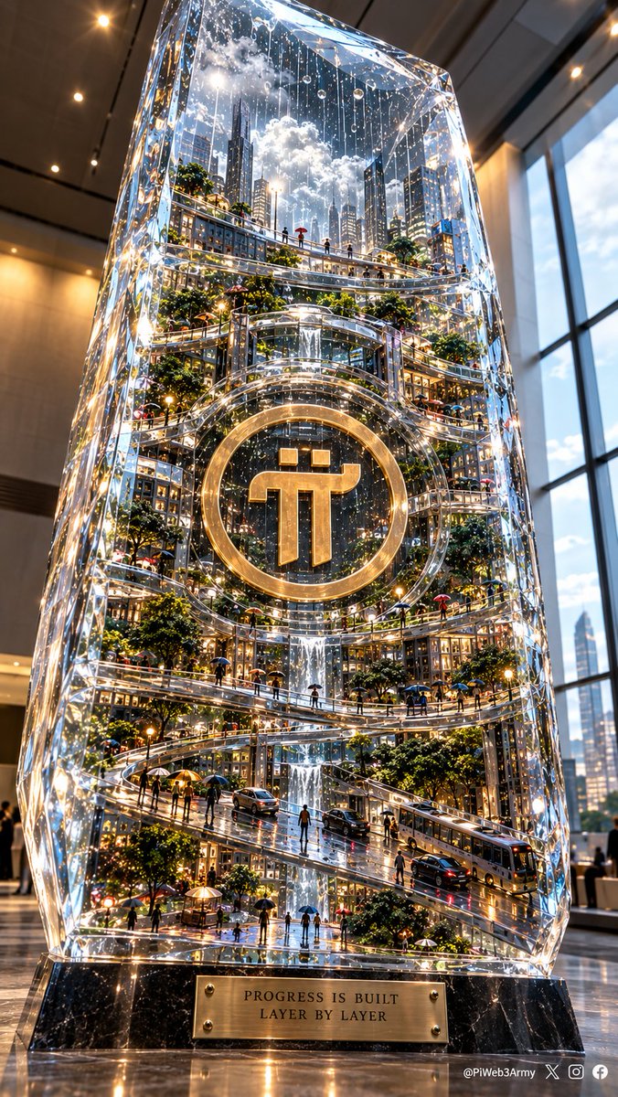 PiWeb3Army's tweet photo. "PROGRESS IS BUILT LAYER BY LAYER"

A crystal monolith rises through a lobby ceiling, an entire miniature city suspended inside it, streets and waterfalls and skywalks stacked level upon level, a gold Pi seal glowing at the structure's core. Progress is built layer by layer, the plate beneath it reads, and nothing describes Pi's protocol upgrade history more precisely than that line.

Pi's node upgrade path has moved exactly this way, sequential, never skipping a level, every layer resting on the one below it, 19.1 through 19.6, 19.9, 20.2, 21.2, 22.1, 23.0, 24.1, 25.2, 26.1, 27.1, each one confirmed complete before the next began. Protocol 27 brought more flexible, secure smart contract authentication network-wide by its September 15 deadline. Protocol 28 is the floor being poured right now, already live on Testnet, lowering transaction latency, letting developers batch-upgrade groups of smart contracts at once, adding safer ways to modify stored application data. Node operators must complete their own upgrade by October 13, with Mainnet scheduled for October 16.

No level in this crystal tower skips ahead of the one beneath it. Pi's protocol sequence has followed that same discipline for years, each upgrade a floor the next one is built to stand on, never rushed past, never left incomplete.

Floor after floor.
Never skipping a level.
Each one holding up the next.
That's how real progress gets built.