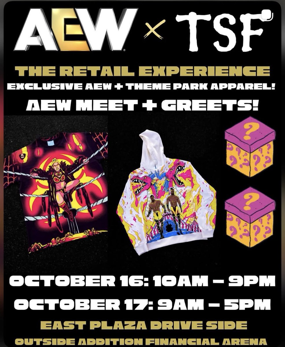 JT_3rd's tweet photo. Are you going to WrestleDream next week in Orlando? Make sure you check out the first ever pop up shop from @Theshirtfarm they’ll have some brand new merch and @AEW exclusives!! If you can please share this! #aew #AEWGrandSlam #AEWDYNAMITE #ClockworkCarnage #WrestleDream https://t.co/8pwT3jn3Qh