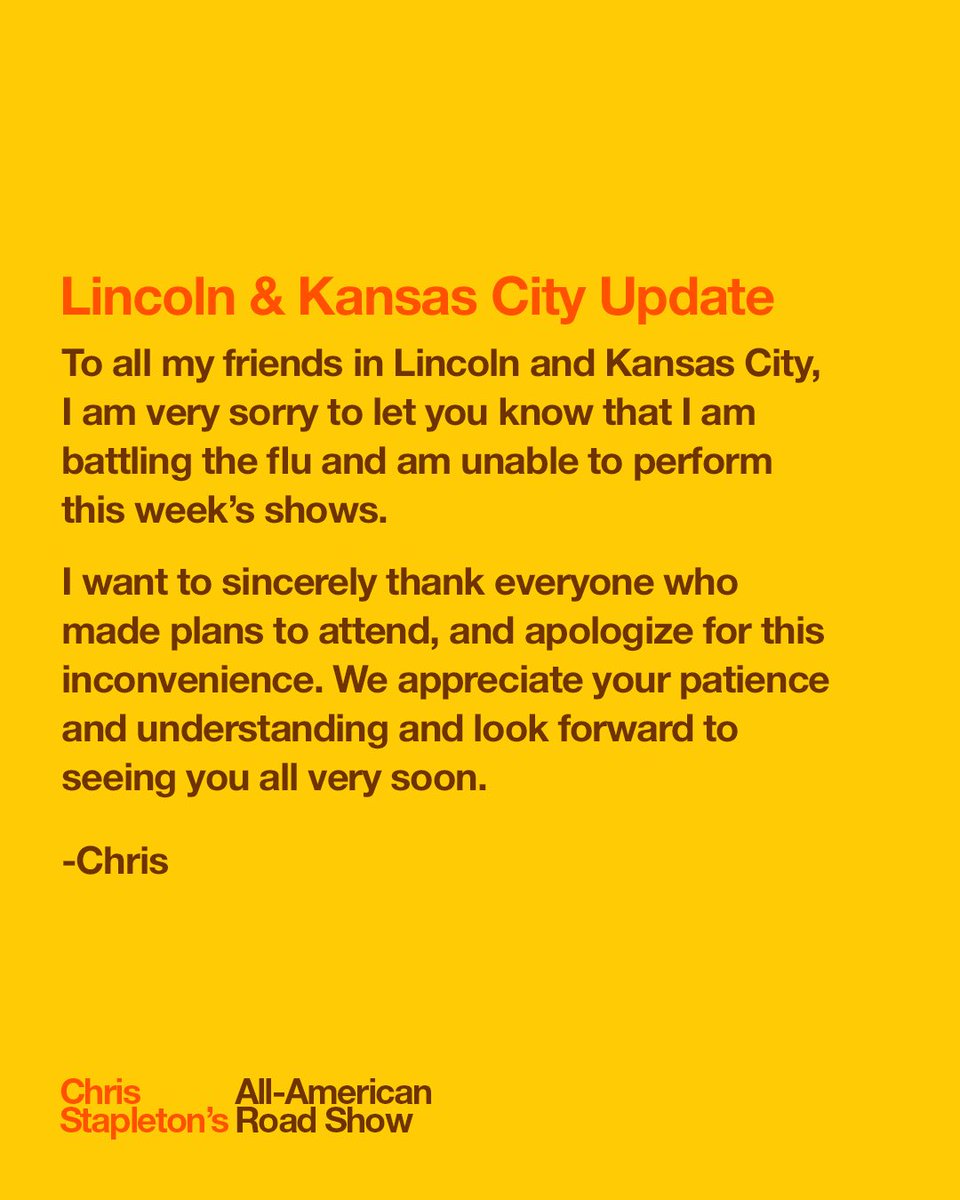 ChrisStapleton's tweet photo. All tickets will be honored for the rescheduled dates.
 
Oct 14 - Kansas City, MO
Oct 15 - Kansas City, MO
Oct 26 - Lincoln, NE

For those who cannot attend, please contact your point of purchase within seven days. https://t.co/dUU8s3rnZF