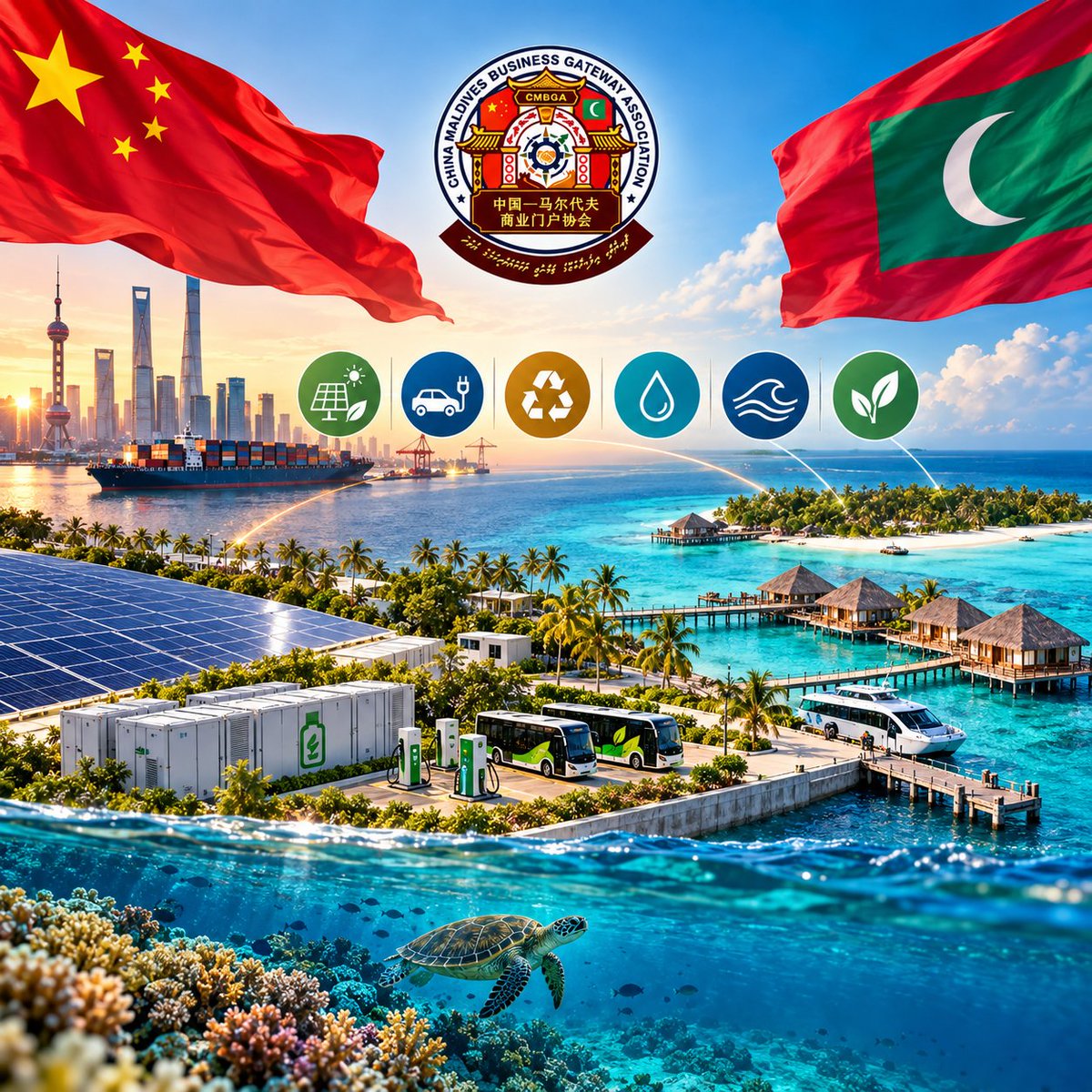 ChinaMaldivesB's tweet photo. CMBGA Morning Reflection | 7 October 2026 🇨🇳🤝🇲🇻

What should the Maldives seek from China next? Not simply more infrastructure  but smarter, greener infrastructure. Solar and battery technology, electric mobility, waste solutions, smart islands and marine protection are areas where Chinese technology and Maldivian needs can meet.

For a country surrounded by water, being sustainable is not just about saving the planet, it's also a way to boost the economy. 🇨🇳🤝🇲🇻 Build green. Build smart. Build for the future. #CMBGA #ChinaMaldives #Sustainability #GreenTechnology #Innovation