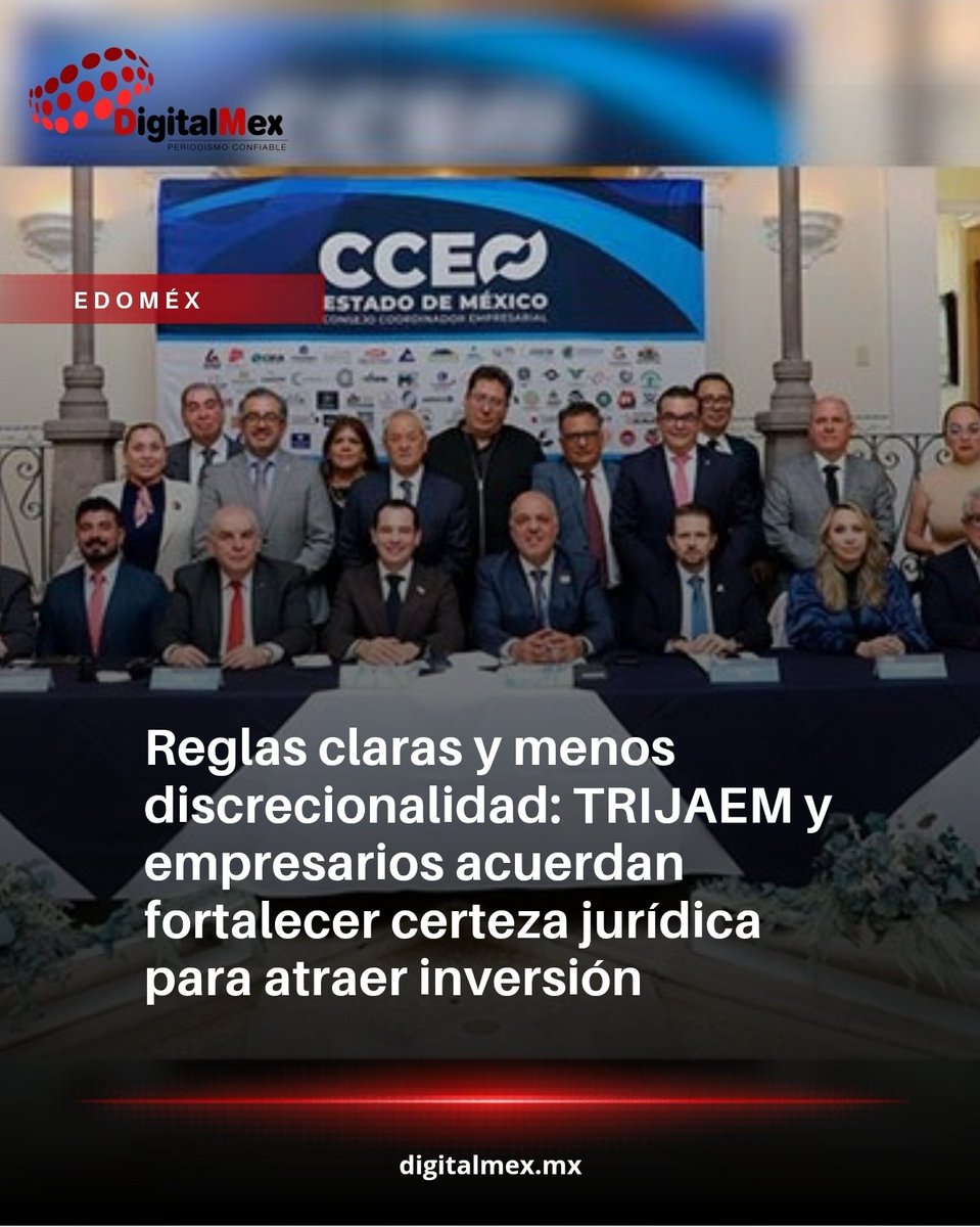 DigitalmexPerio's tweet photo. ⚖️ TRIJAEM y empresarios acordaron mesas de trabajo para fortalecer la certeza jurídica y generar mejores condiciones para la inversión en Edoméx.
También abordarán transparencia, mejora regulatoria y reducción de la discrecionalidad.
#TRIJAEM #CCEM #Edoméx #Inversión #CertezaJurídica