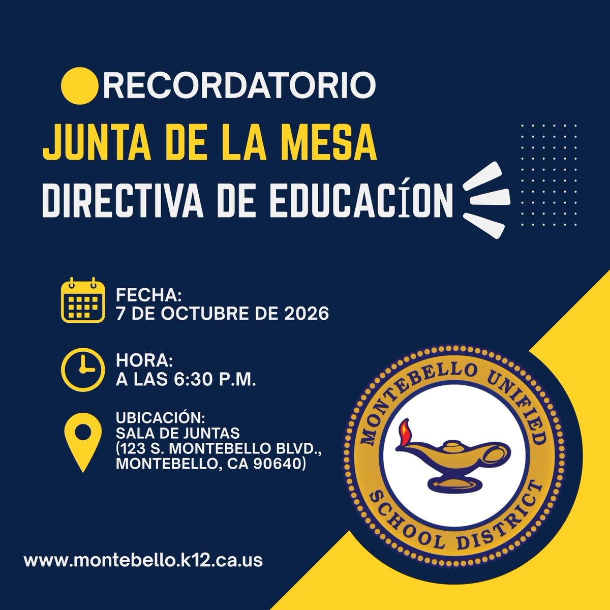 gomusd's tweet photo. Reminder: Our Board of Education will meet tomorrow Wednesday, October 7, 2026 @ 6:30 p.m. (this will be an in-person meeting) (Board Room-123 S. Montebello Blvd., Montebello, CA 90640) you can view the list of meetings and agendas here: https://t.co/96jniRZHQ2 https://t.co/pORt6d9T0X