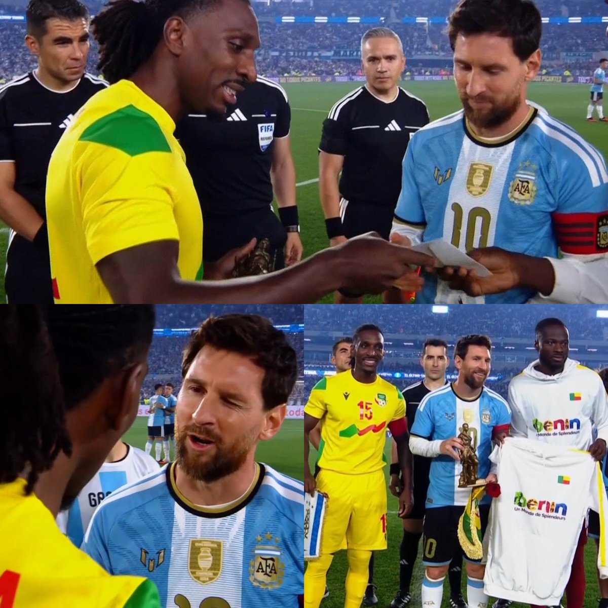 Juezcentral's tweet photo. Y el premio para los tipazos de la noche va para los de Benin. En el intercambio de banderines, el capitán le llevó regalos a Messi y le explicó cada uno de ellos, intentando hablar español. 

Uno es una estatua y el otro es una carta escrita por los jugadores a él. Los amo. Tipazos totales.