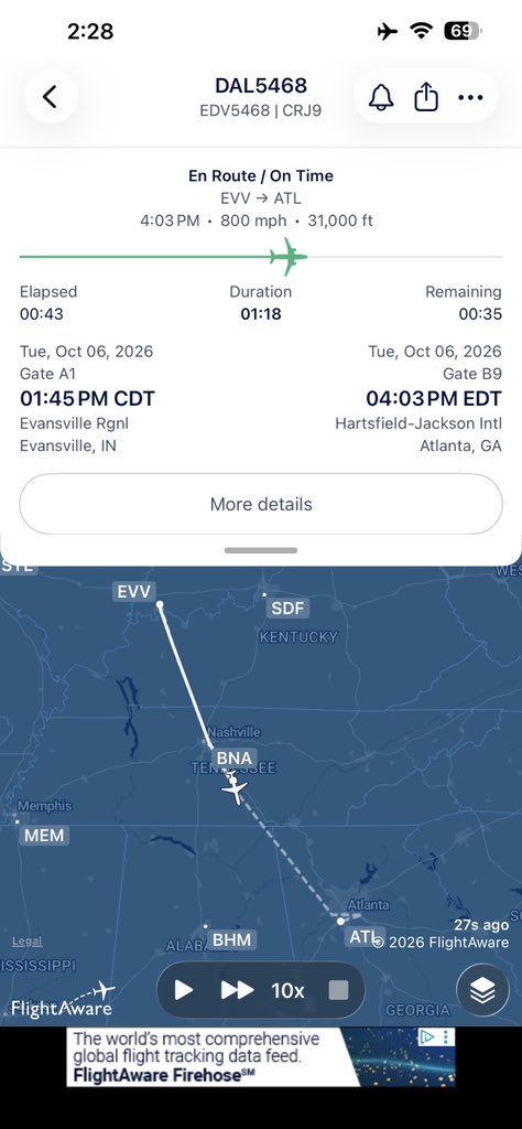 ericdresh's tweet photo. Wow @Delta! What fuel did you put into this jet? I didn’t know a CRJ9 could go faster than the speed of sound. I guess that explains why it was such a quiet flight. 🤣

Thanks @flightaware for the mid-air chuckle! https://t.co/cu6qyOZzmi