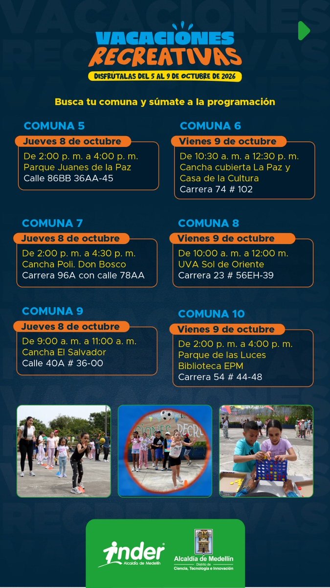 FicoGutierrez's tweet photo. ¡Ojo pues! 👀 En Medellín tenemos Vacaciones Recreativas en toda las comunas y corregimientos  para que nuestros niños disfruten esta semana de receso con actividades, juegos y mucha diversión. ¡Los esperamos! 🙌🏼

Y recuerden que en https://t.co/ovvGjOcFp5 pueden encontrar más planes, parches, pódcast, cursos y mucho más para disfrutar Medellín.