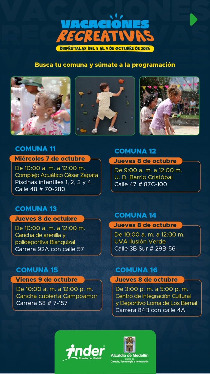 FicoGutierrez's tweet photo. ¡Ojo pues! 👀 En Medellín tenemos Vacaciones Recreativas en toda las comunas y corregimientos  para que nuestros niños disfruten esta semana de receso con actividades, juegos y mucha diversión. ¡Los esperamos! 🙌🏼

Y recuerden que en https://t.co/ovvGjOcFp5 pueden encontrar más planes, parches, pódcast, cursos y mucho más para disfrutar Medellín.