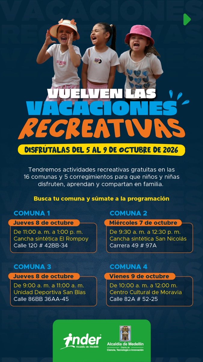 FicoGutierrez's tweet photo. ¡Ojo pues! 👀 En Medellín tenemos Vacaciones Recreativas en toda las comunas y corregimientos  para que nuestros niños disfruten esta semana de receso con actividades, juegos y mucha diversión. ¡Los esperamos! 🙌🏼

Y recuerden que en https://t.co/ovvGjOcFp5 pueden encontrar más planes, parches, pódcast, cursos y mucho más para disfrutar Medellín.