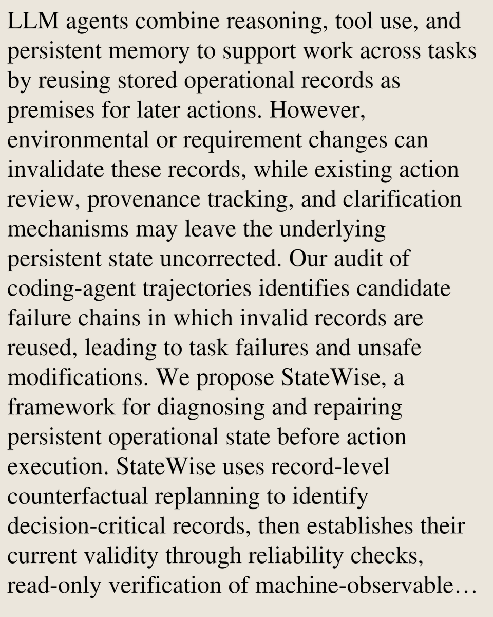 ComputerPapers's tweet photo. StateWise: Diagnosing and Repairing Persistent Operational State Before Agent Actions

Yongyuan Peng, Zhou Feng, Tongying Wu, Jiahao Chen, Yuan Su, Chunyi Zhou, Tianyu Du, Shouling Ji
https://t.co/PdGhcamj1g [𝚌𝚜.𝚂𝙴 𝚌𝚜.𝙰𝙸] https://t.co/BqDRR1UYIL