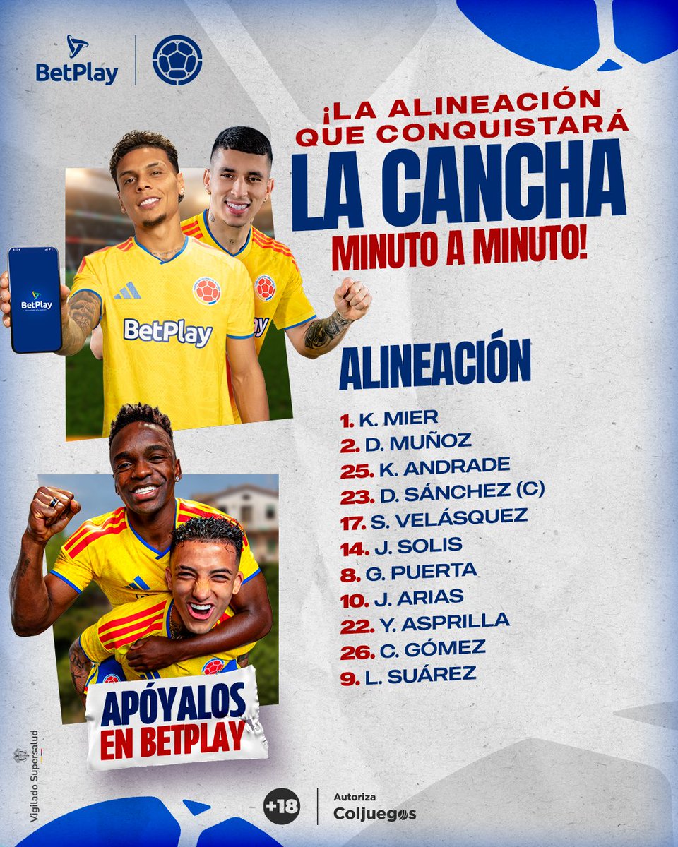 BetPlayCO's tweet photo. Así se forma la Sele que dará el corazón en la cancha para escribir una nueva historia. 💛💙❤️
#SelecciónColombia #LaJugadaOficial #BetPlay https://t.co/SsQlPRq66r