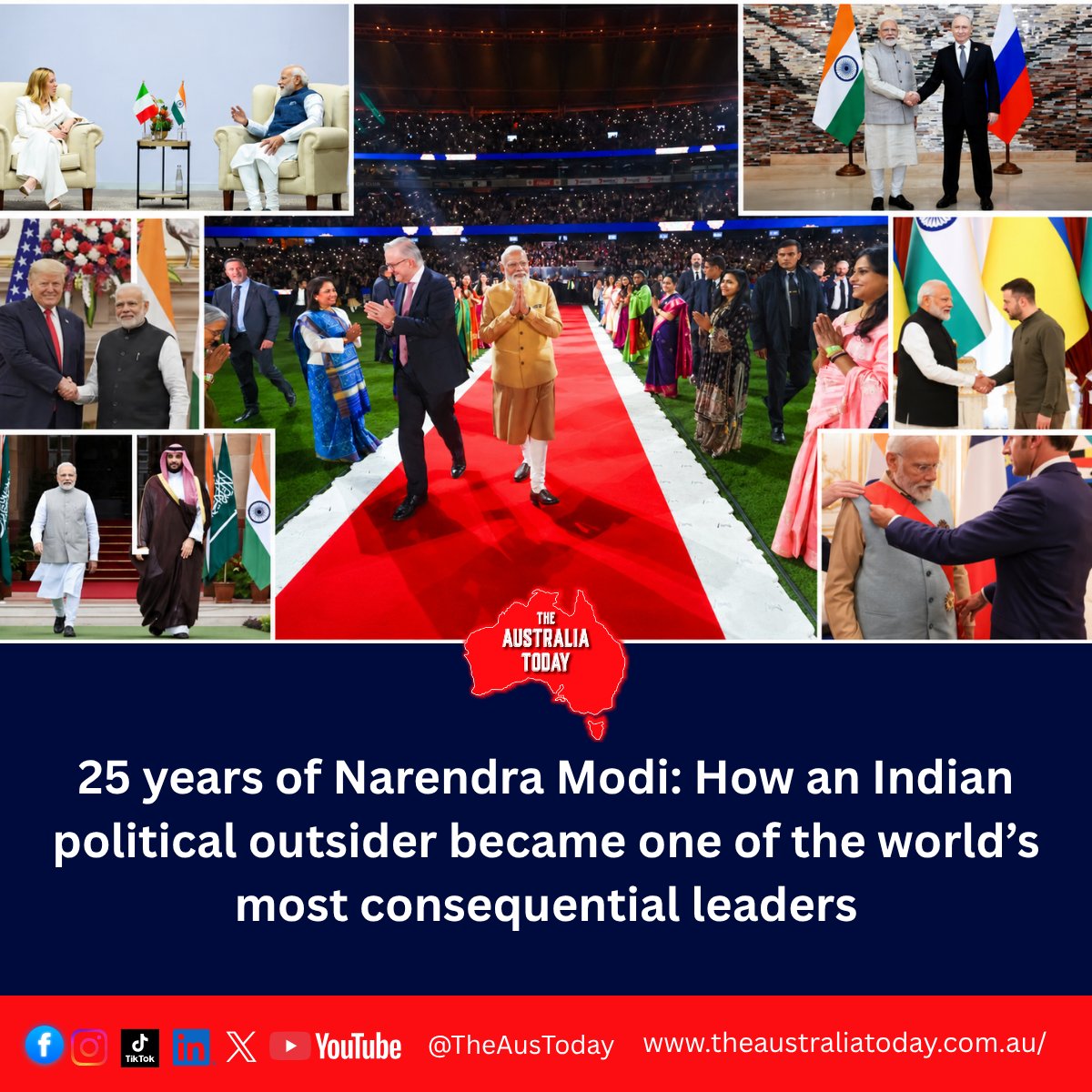 TheAusToday's tweet photo. #Op_ed 25 years of @narendramodi: How an Indian political outsider became one of the world’s most consequential leaders
writes @DrAmitSarwal 

Read the full article here 🔗👇
https://t.co/AMrBf3sQko

Our latest op-ed looks at the lesser-known moments behind Modi’s rise, India’s growing global influence, its disaster diplomacy, trade ambitions, digital transformation — and the controversies that still shape his legacy.

🇮🇳🌏 From Marvel Stadium to the G20, from strategic autonomy to global diplomacy — what does 25 years of Modi tell us about the India of today?

#NarendraModi #Modi25Years #India #AustraliaIndia #AnthonyAlbanese #GlobalPolitics #IndianDiaspora #TheAustraliaToday #IndiaAustralia #Geopolitics @JitarthJai @Pallavi_Aus @rishi_suri @mairal @AlboMP