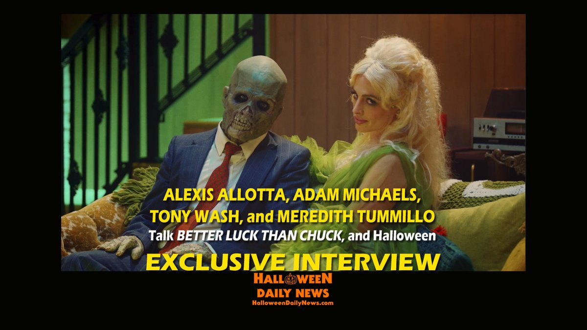 HalloweenDaily's tweet photo. The Widow and Charlie are here! BETTER LUCK THAN CHUCK creators Tony Wash and Meredith Tummillo, and actors Alexis Allotta and Adam Michaels, who play hosts, talk their horror trivia game show, and Halloween in our NEW INTERVIEW. Watch:  https://t.co/CN1FF0jfN0   🎃 https://t.co/Q2OzV295eB