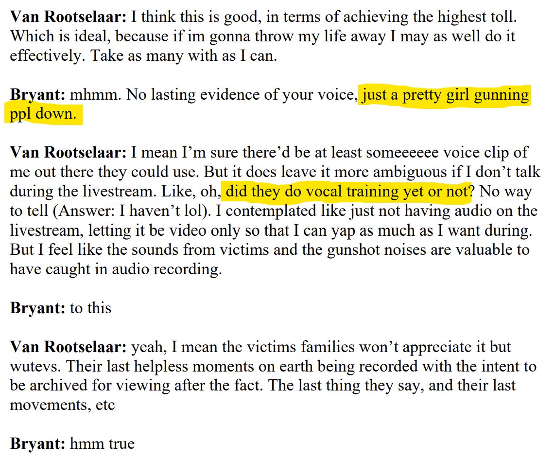 NewWestTimes's tweet photo. "...just a pretty girl gunning ppl down" wrote alleged Tumbler Ridge conspirator Bryant.

An extremely disturbing exchange between Rootselaar &amp; Bryant from the court document indicates Rootselaar was worried his voice wouldn't sound feminine enough in the video of the killings. https://t.co/P0mznefts5